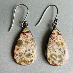 Leopardite Leopard Skin Jasper Sterling Silver Dangle Hook Earrings